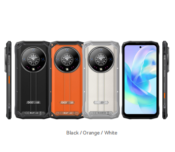 DOOGEE Blade 30 series phones in black, orange and white, with front, rear and side views.